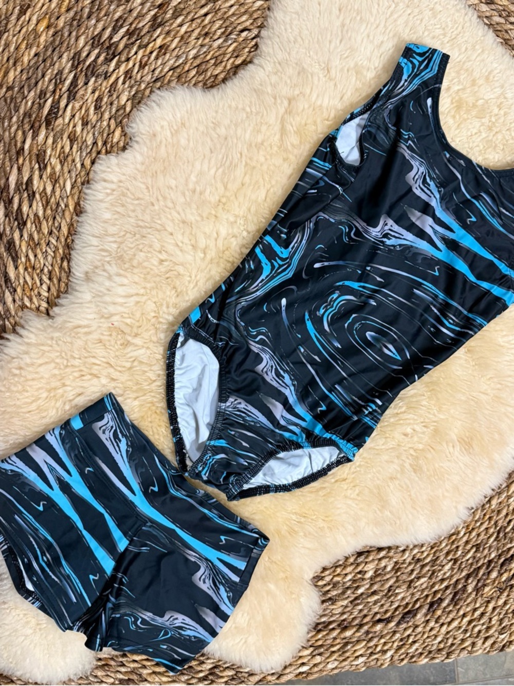Girls Black and Blue Marble One-Piece Swimsuit with Matching Swim Shorts